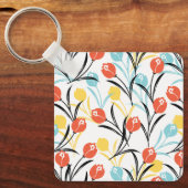 Levendig Tulp Patroon Bloemen Design op Wit Sleutelhanger (Voorkant)