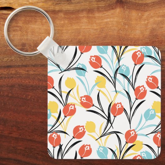 Levendig Tulp Patroon Bloemen Design op Wit Sleutelhanger (Voorkant)