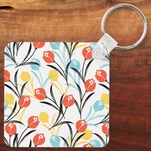 Levendig Tulp Patroon Bloemen Design op Wit Sleutelhanger (Achterkant)