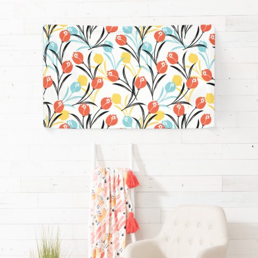 Levendig Tulp Patroon Bloemen Design op Wit Spandoek (Insitu)