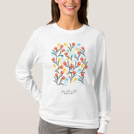 Levendig Tulp Patroon Bloemen Design op Wit T-shirt (Voorkant)