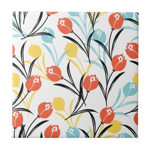 Levendig Tulp Patroon Bloemen Design op Wit Tegeltje (Voorkant)