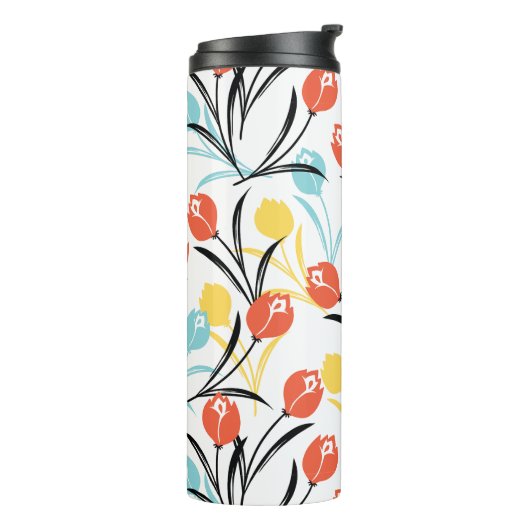 Levendig Tulp Patroon Bloemen Design op Wit Thermosbeker (Gedraaid links)