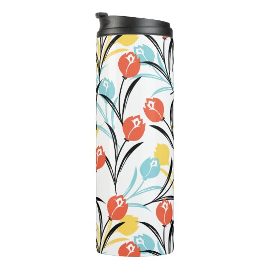 Levendig Tulp Patroon Bloemen Design op Wit Thermosbeker (Geroteerd rechts)