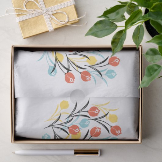 Levendig Tulp Patroon Bloemen Design op Wit Tissuepapier (Geschenk)
