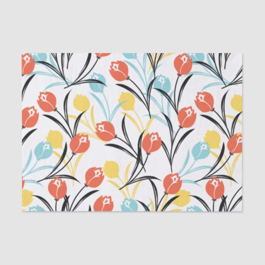 Levendig Tulp Patroon Bloemen Design op Wit Tissuepapier (Voorkant)