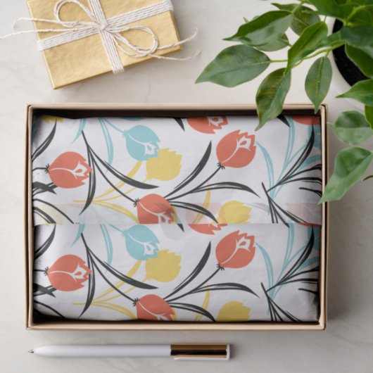 Levendig Tulp Patroon Bloemen Design op Wit Tissuepapier (Geschenk)