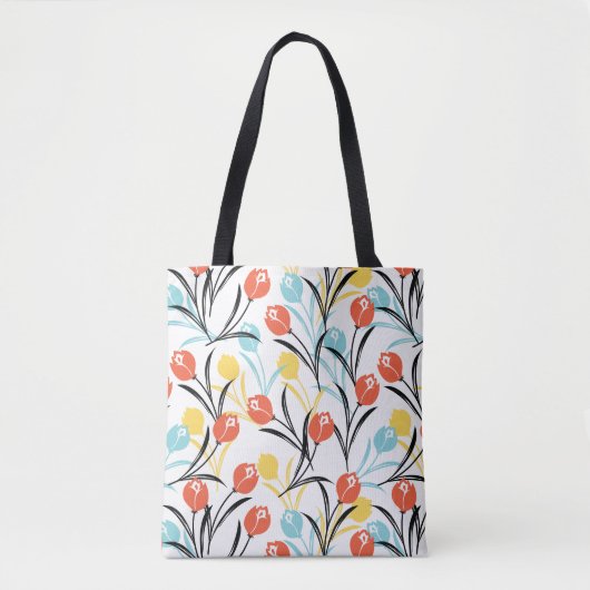 Levendig Tulp Patroon Bloemen Design op Wit Tote Bag (Voorkant)