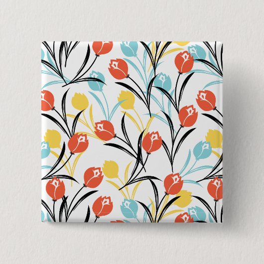 Levendig Tulp Patroon Bloemen Design op Wit Vierkante Button 5,1 Cm (Voorkant)
