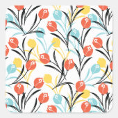 Levendig Tulp Patroon Bloemen Design op Wit Vierkante Sticker (Voorkant)