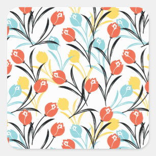 Levendig Tulp Patroon Bloemen Design op Wit Vierkante Sticker