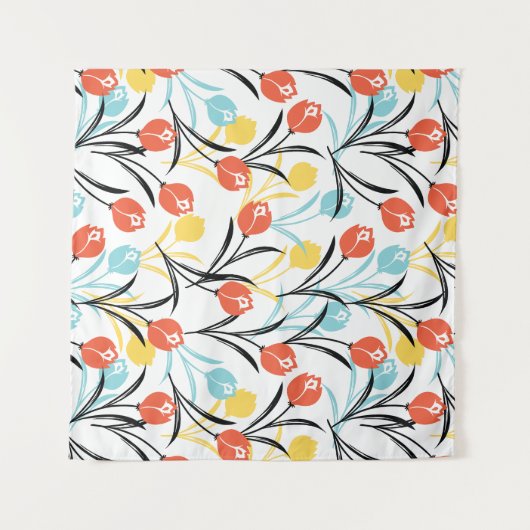 Levendig Tulp Patroon Bloemen Design op Wit Wandkleed (Voorkant (horizontaal))