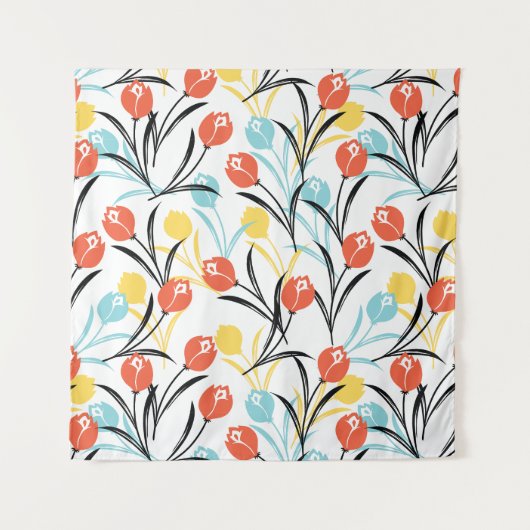 Levendig Tulp Patroon Bloemen Design op Wit Wandkleed (Voorkant)