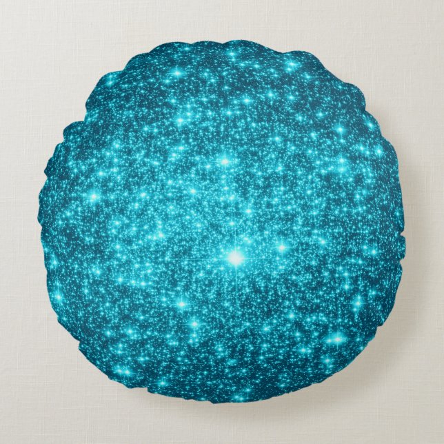 Levendig Turquoise Glitter Sterren Ronde Kussen (Voorkant)