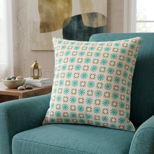 Levendig Turquoise Oranje Geometrisch Bloempatroon Kussen (Creator heeft geüpload)