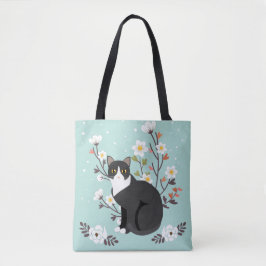 Levendig Tuxedo Cat in Flowers All-Over-Print Tas