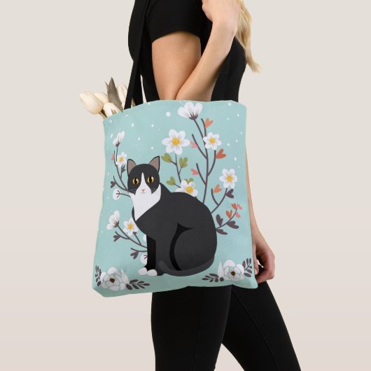 Levendig Tuxedo Cat in Flowers All-Over-Print Tas (Dichtbij)