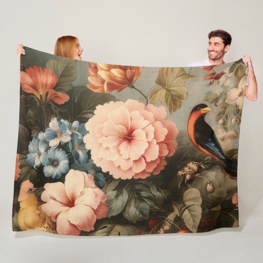 Levendig Vintage Bloem- en Vogel Scene Fleece Deken (In situ)