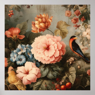 Levendig Vintage Bloem- en Vogel Scene Poster