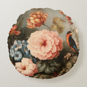 Levendig Vintage Bloem- en Vogel Scene Rond Kussen