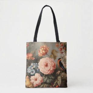 Levendig Vintage Bloem- en Vogel Scene Tote Bag