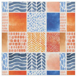 Levendig watercolorgridpatroon in blauw en oranje stof