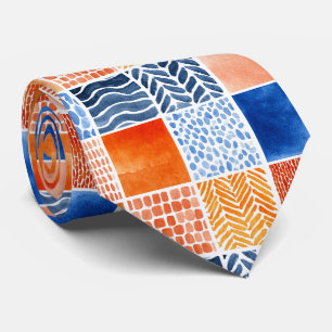 Levendig watercolorgridpatroon in blauw en oranje stropdas
