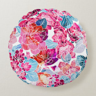 Levendig Waterverf Bloemen Patroon Rond Kussen