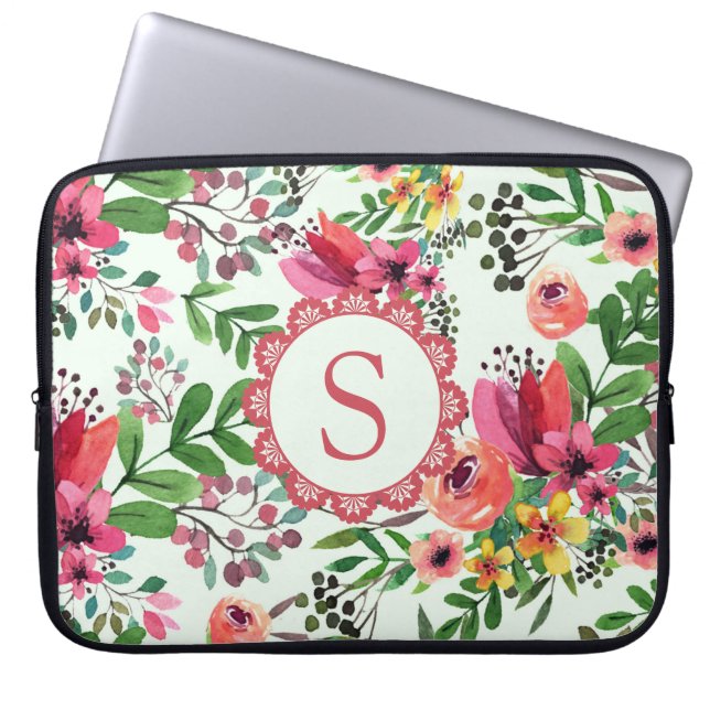 Levendig Waterverf Bloemig Mooi Monogram Laptop Sleeve (Voorkant)