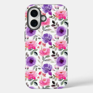 Levendig Waterverf Bloemmotief in Roze & Paars iPhone 16 Hoesje