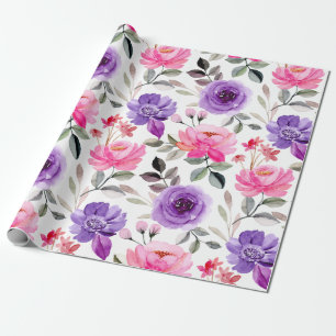 Levendig waterverf bloempatroon in roze en paars cadeaupapier