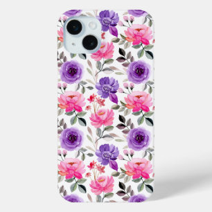 Levendig waterverf bloempatroon in roze en paars iPhone 15 mini hoesje