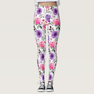 Levendig waterverf bloempatroon in roze en paars leggings