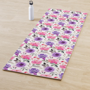 Levendig waterverf bloempatroon in roze en paars yogamat