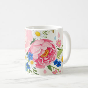 Levendig waterverf boeket van pioenen, madeliefjes koffiemok