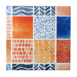 Levendig Waterverf Rasterpatroon in Blauw & Oranje Tegeltje