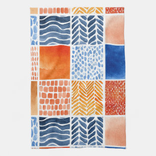Levendig Waterverf Rasterpatroon in Blauw & Oranje Theedoek
