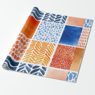 Levendig Waterverf Rasterpatroon in Blauw & Sinaas Cadeaupapier