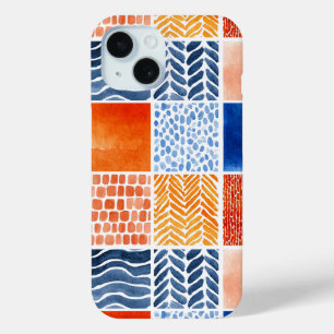 Levendig Waterverf Rasterpatroon in Blauw & Sinaas iPhone 15 Case