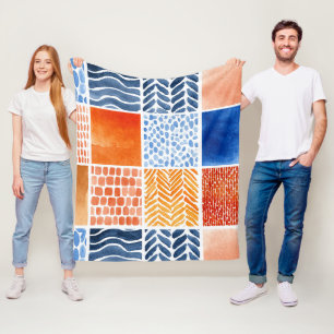 Levendig Waterverf Rasterpatroon in Blauw & Sinaas Fleece Deken