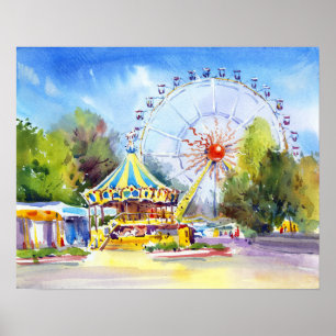 Levendig waterverfschilderij van pretpark poster