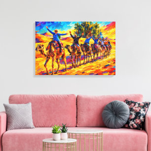 Levendig Woestijn Kameel Safari Olie Schilderij Ca Canvas Afdruk