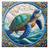 Levendig Zee Schildpad in Kleurrijke Golven Tegeltje (Voorkant)