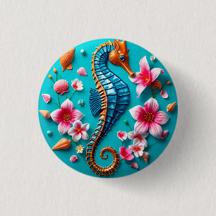 Levendig zeepaardje en koraalrifscene ronde button 3,2 cm