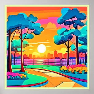 Levendig zonsondergang stadsbeeld poster