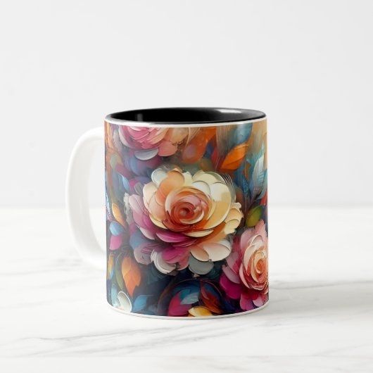 Levendige 3D Abstracte bloemenolie textuur kunst Tweekleurige Koffiemok (Voorkant links)