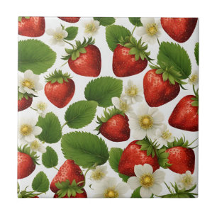 Levendige aardbeien, bladeren en bloemen tegeltje