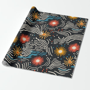 Levendige Abstracte bloemengolven op zwart Cadeaupapier