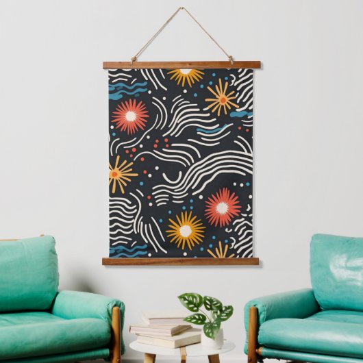 Levendige Abstracte bloemengolven op zwart Hangend Wandkleed (Woonkamer)