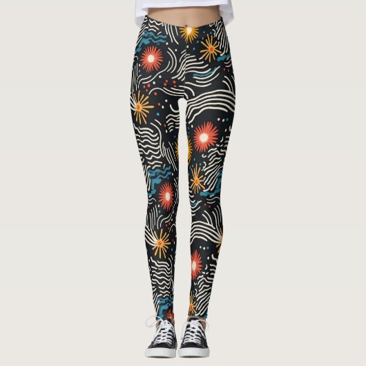 Levendige Abstracte bloemengolven op zwart Leggings (Voorkant)